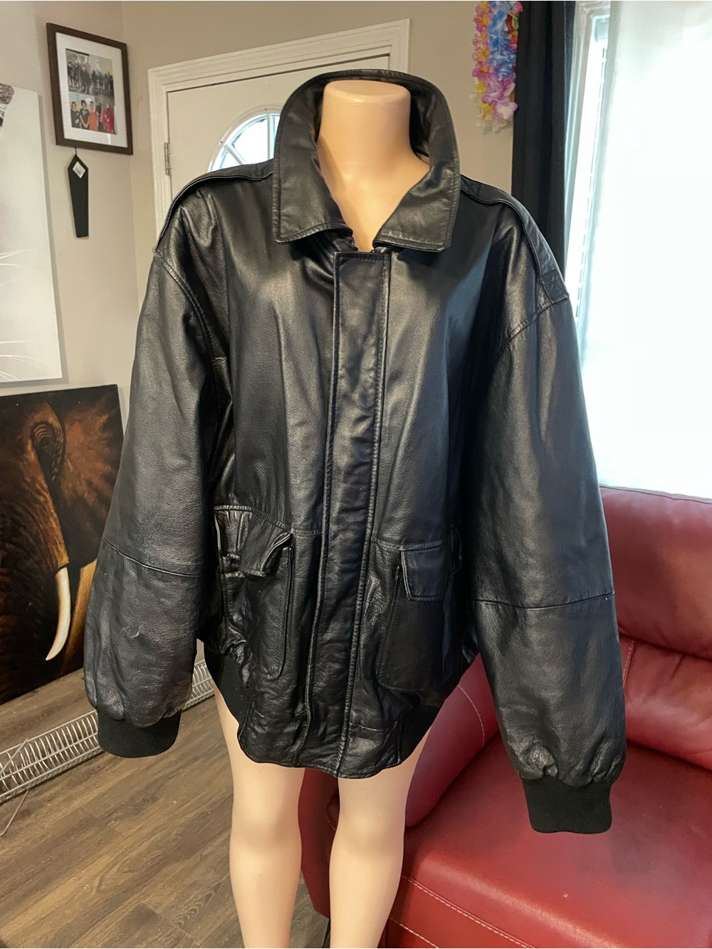 Black Leather Bomber Jacket - Classic Men's Outerwear Mazzoni Biker coat  XL